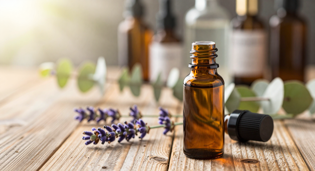 CBD tincture bottle and fresh lavender sprigs on a rustic wood table