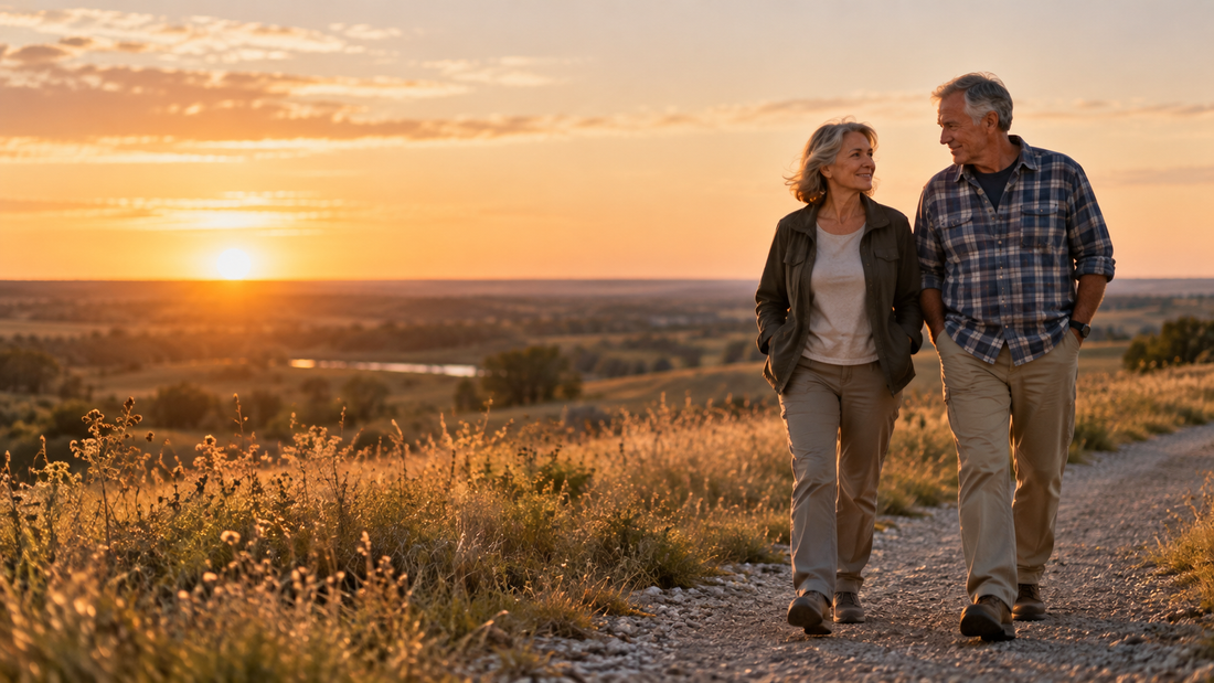 Couple walking together at sunset, active aging, K61 recovery lifestyle image