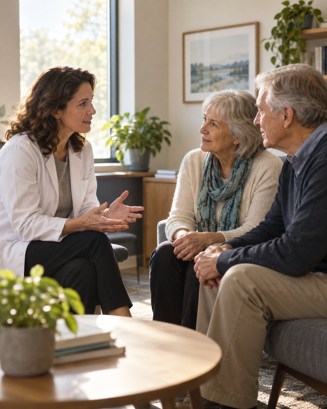 A doctor talking with an older couple in a bright clinic office