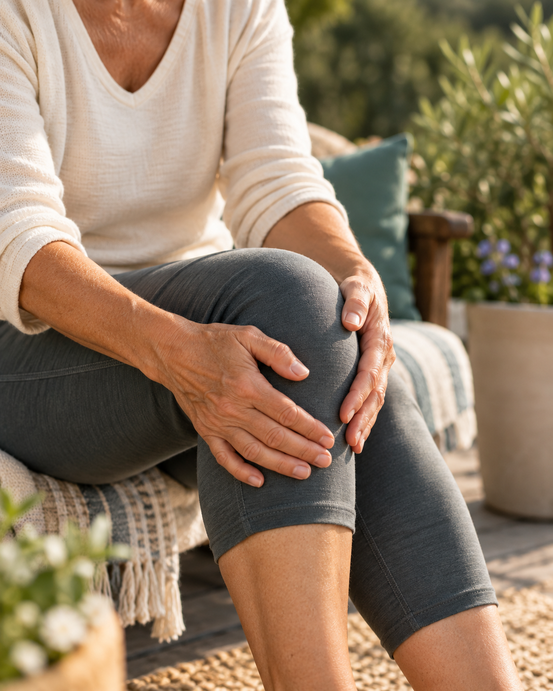 Hands resting gently on a knee, warm natural light, everyday joint comfort