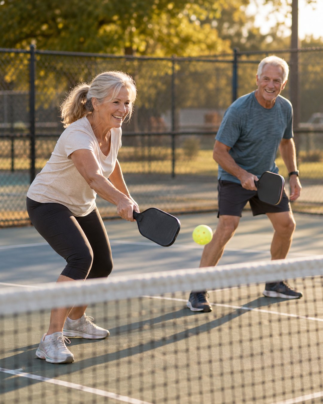 Two people in their sixties playing pickleball on a community court