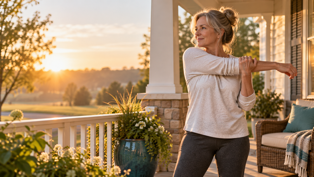 Morning porch stretch at sunrise, K61 recovery lifestyle image