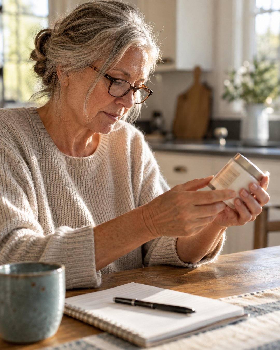 An older woman reading the back of a small jar with reading glasses at a kitchen table