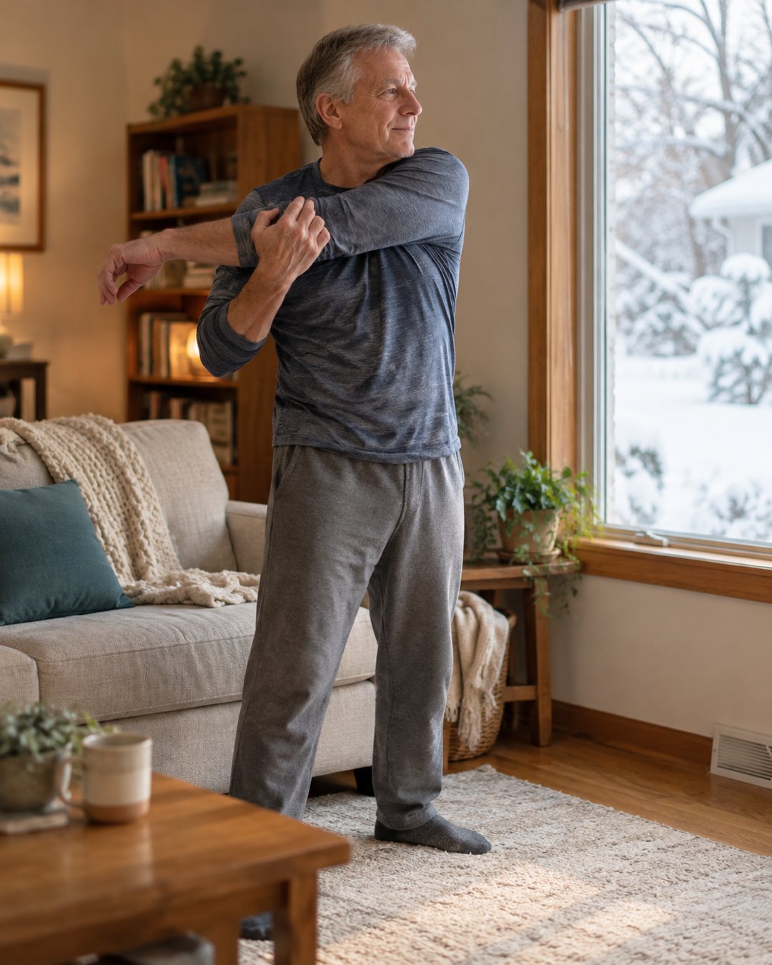 A man in his sixties stretching in a cozy living room with snow outside the window