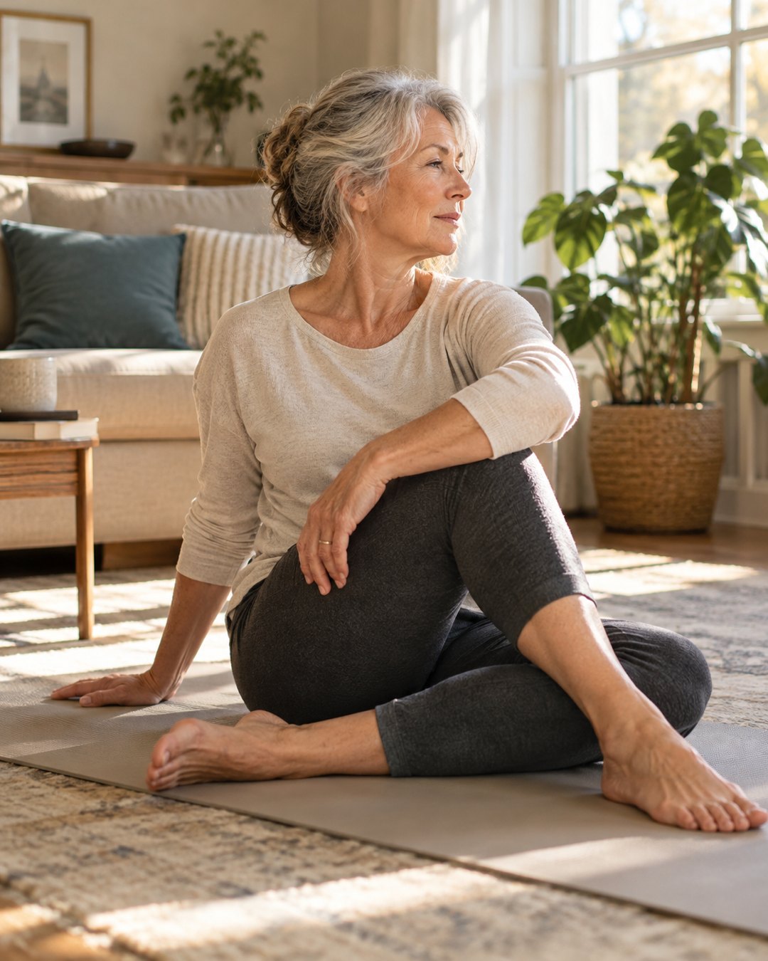 A woman in her sixties doing a gentle seated stretch on a mat in a bright living room