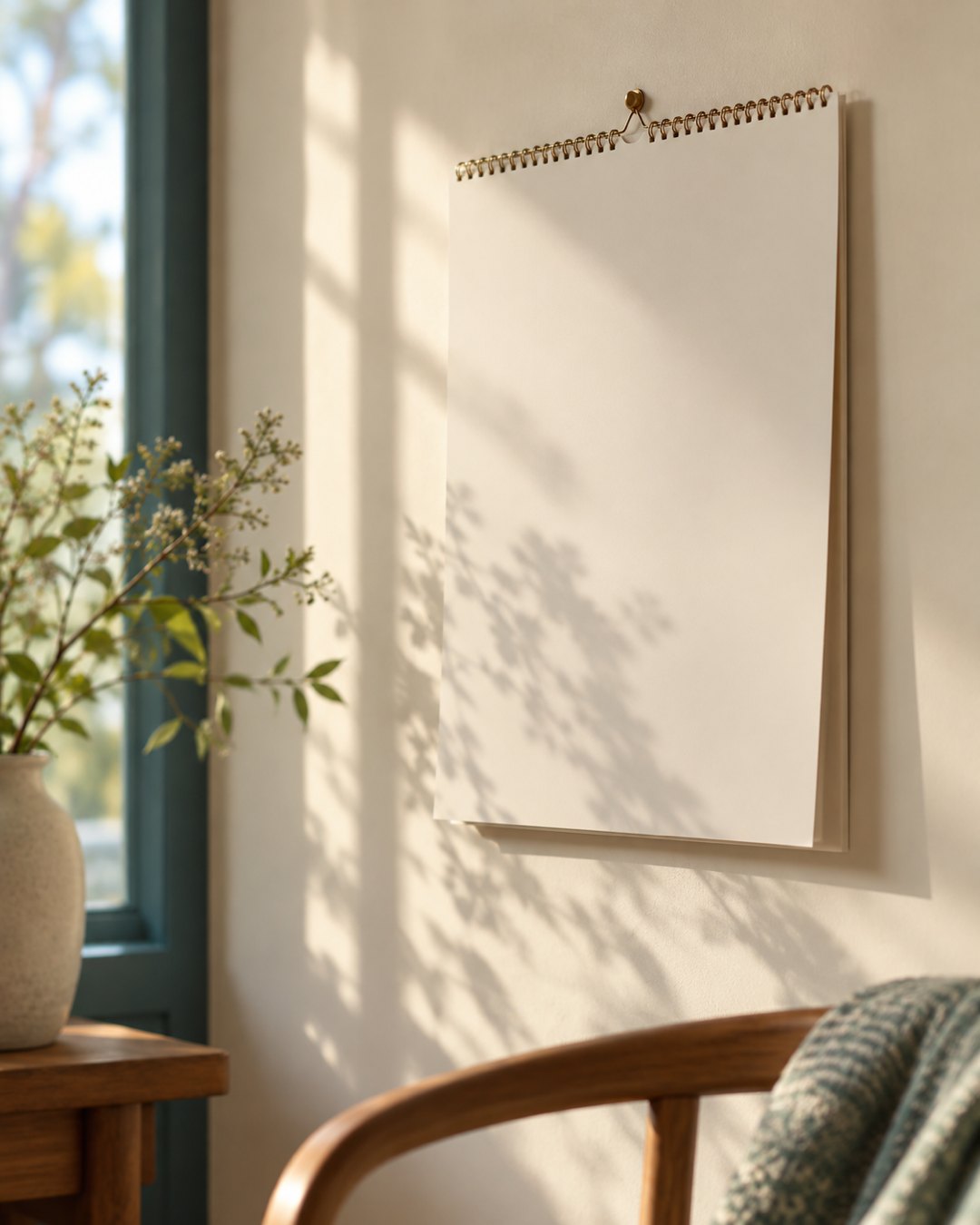 A blank wall calendar in soft window light