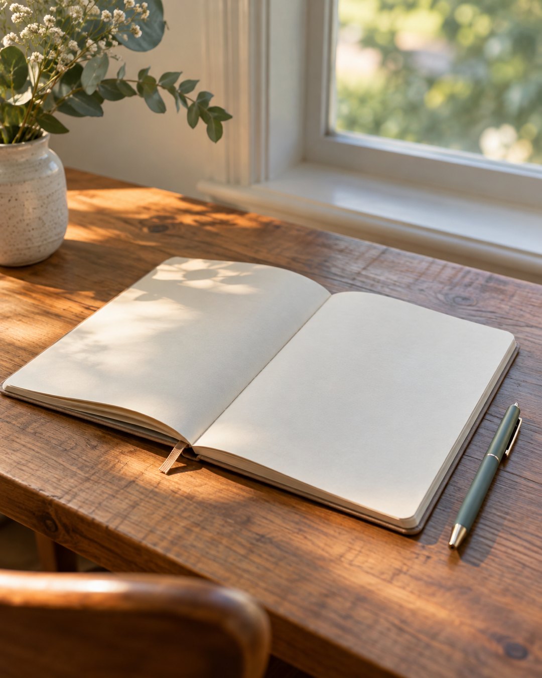 An open blank notebook and pen on a wooden table