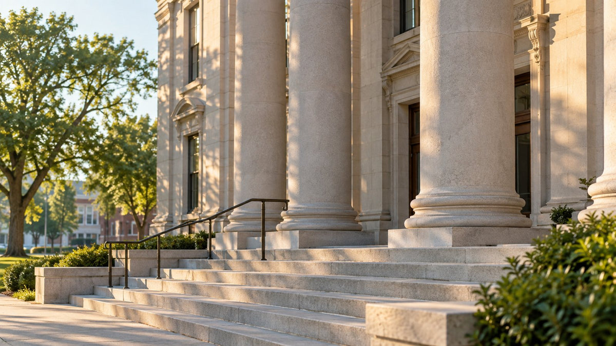 Stone columns and steps of a courthouse in soft morning light