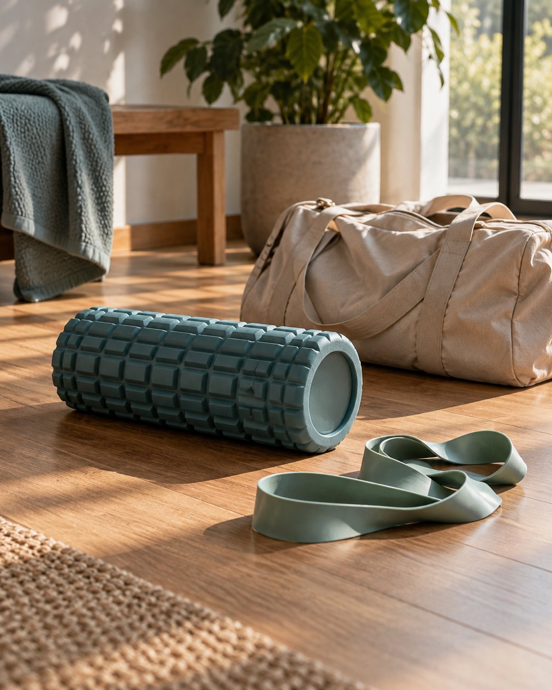 A foam roller and resistance band on a wood floor beside a gym bag