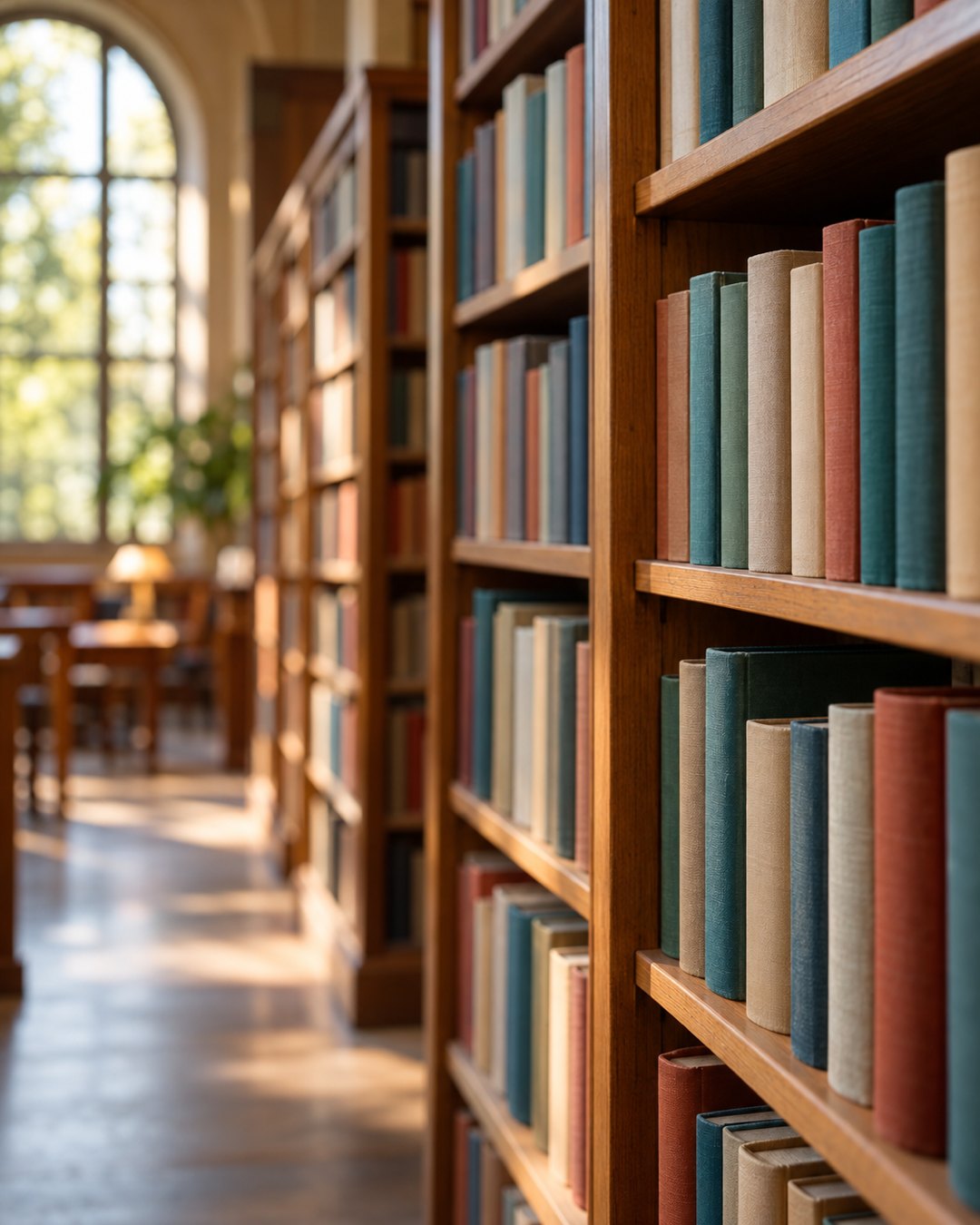 A quiet library aisle with tall shelves of books