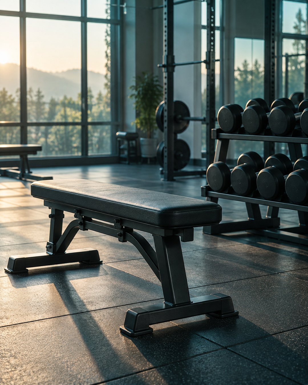 An empty bench and dumbbell rack in a quiet gym