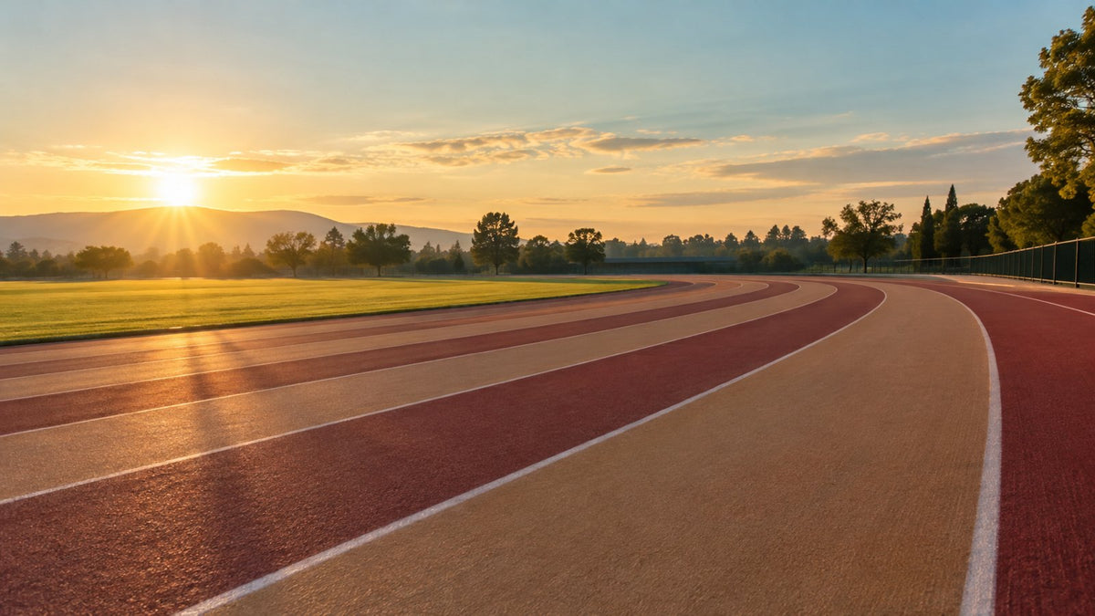 Empty running track lanes at sunrise