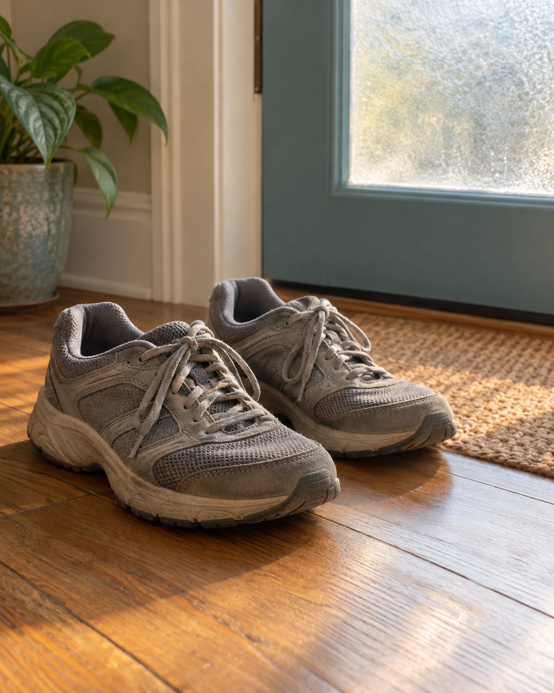 A pair of worn walking shoes by the front door in morning light