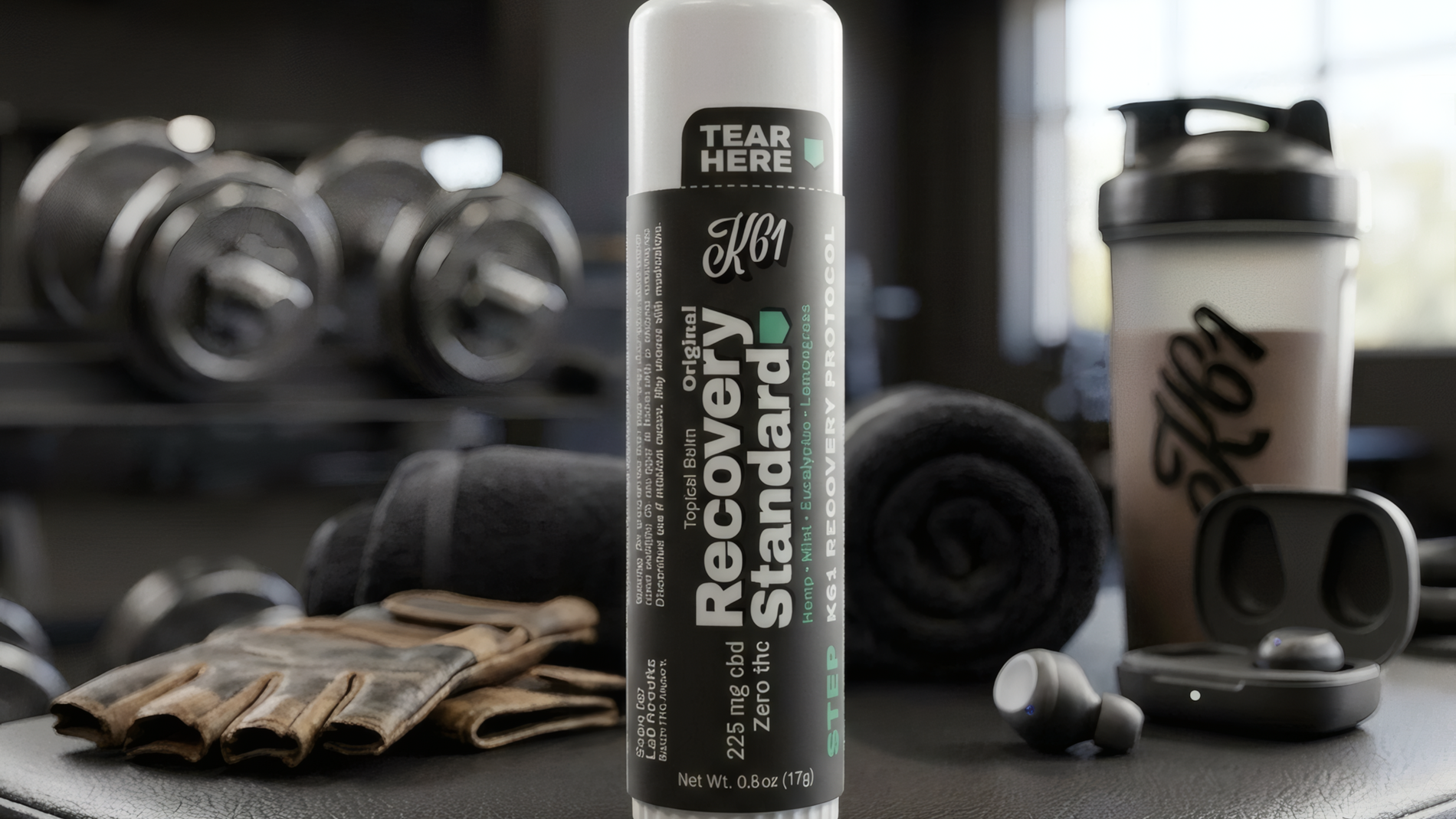 K61 Recovery Standard balm stick on a weight bench in a gym, CBD isolate with zero THC