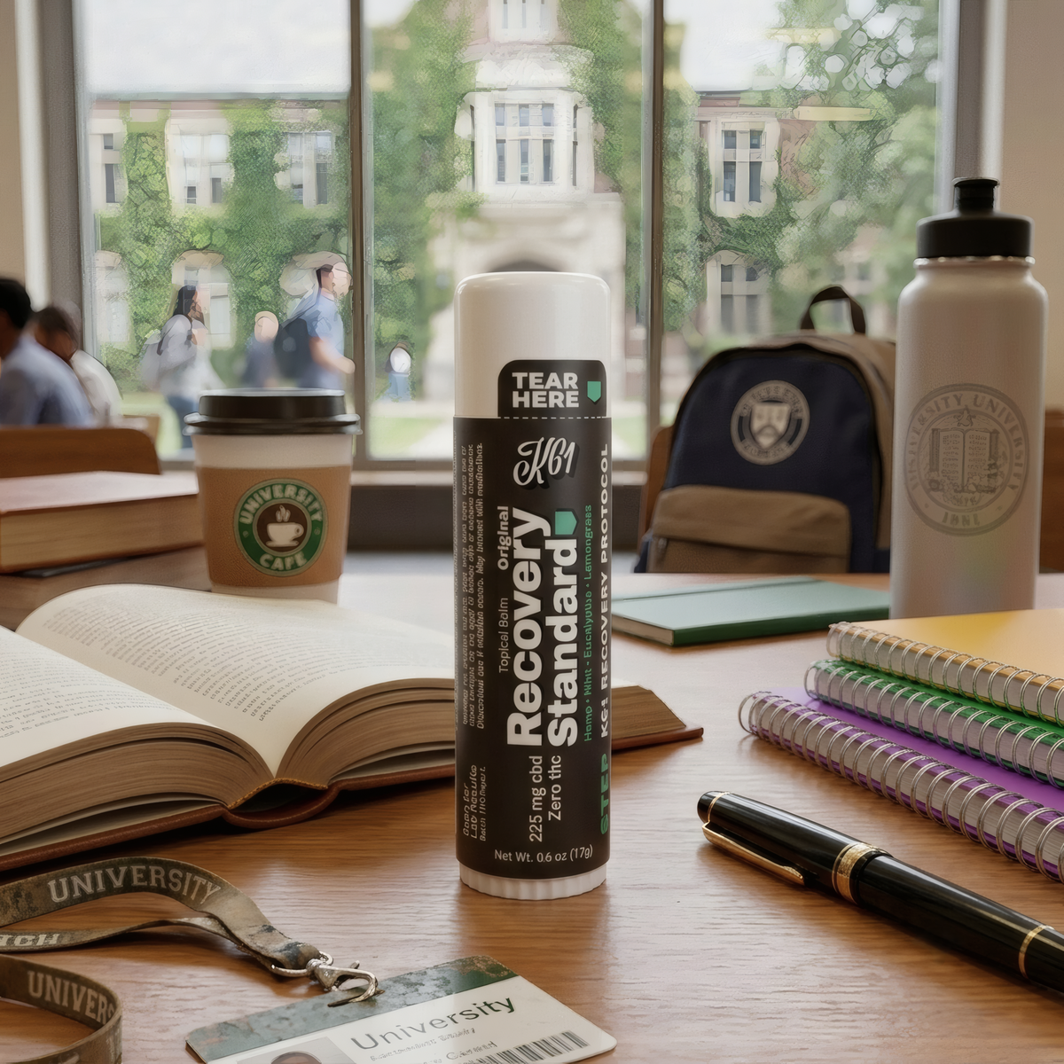 cbd balm recovery standard in a college school desk setting