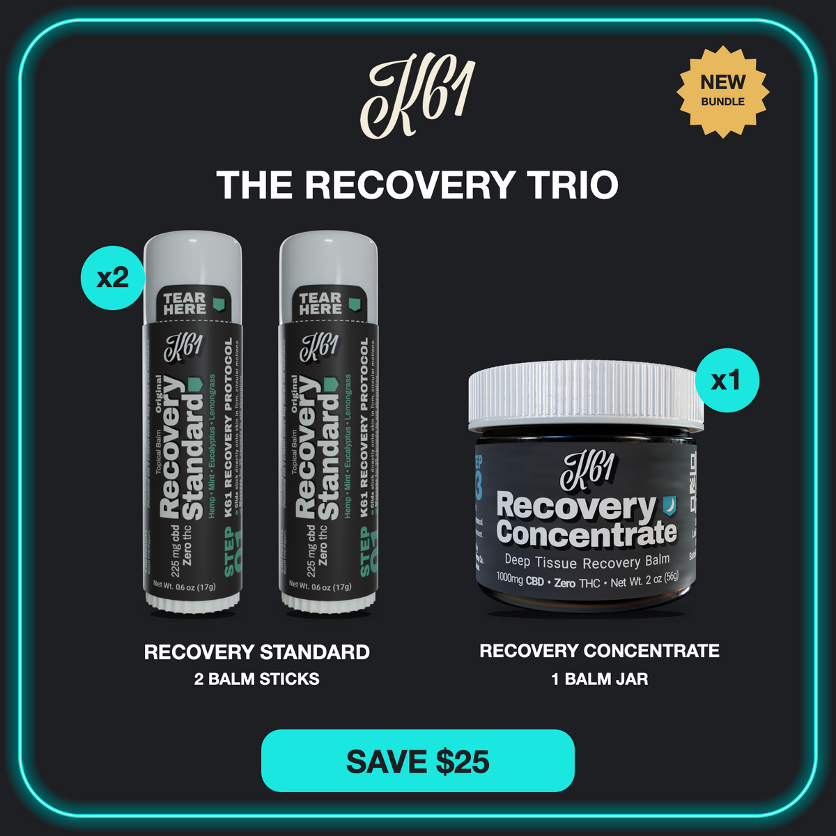 The Recovery Trio: two K61 Recovery Standard balm sticks and one Recovery Concentrate balm jar, Save $25