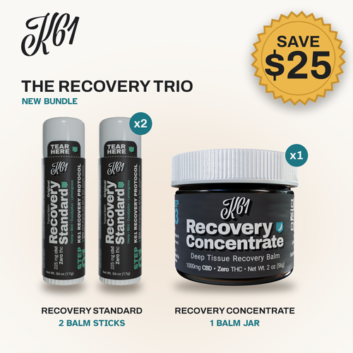 The Recovery Trio: two K61 Recovery Standard balm sticks and one Recovery Concentrate balm jar, Save $25
