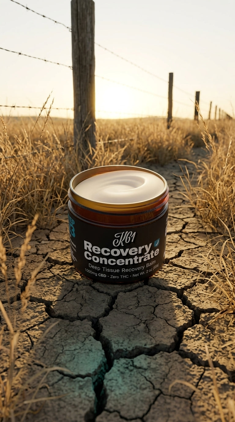 K61 Recovery Concentrate balm jar on cracked Kansas earth at sunset