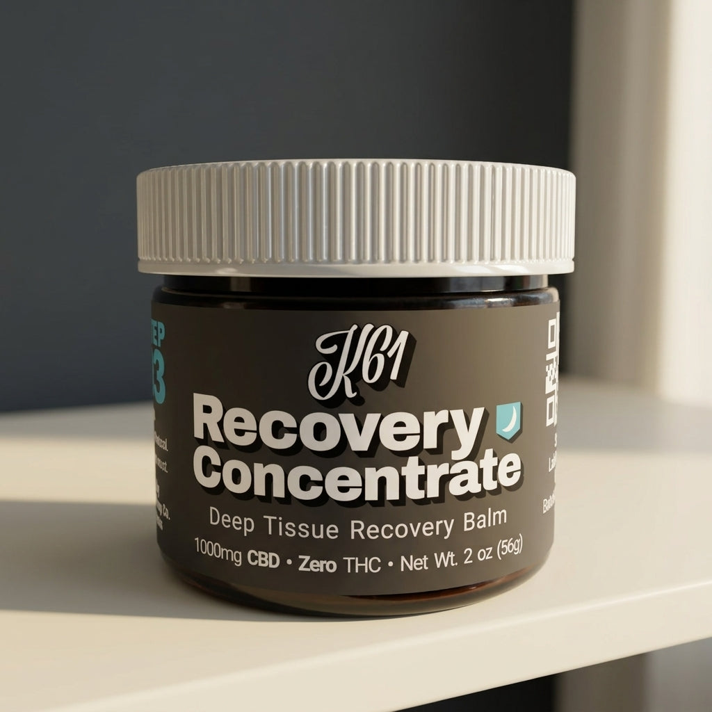 K61 Recovery Concentrate deep tissue balm jar on a cream shelf against a charcoal wall, 1000mg CBD, Zero THC, 2 oz