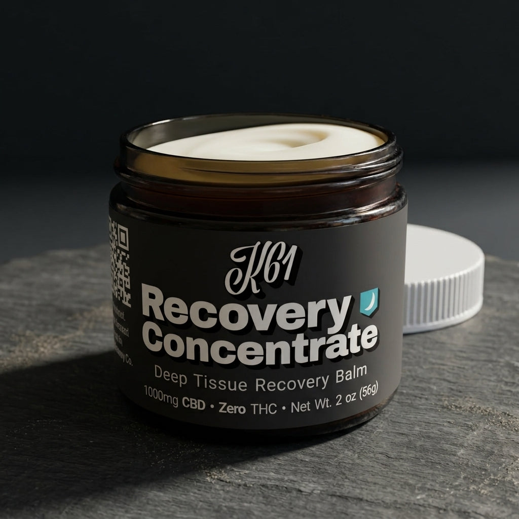 K61 Recovery Concentrate deep tissue balm jar on charcoal slate, lid off, 1000mg CBD, Zero THC