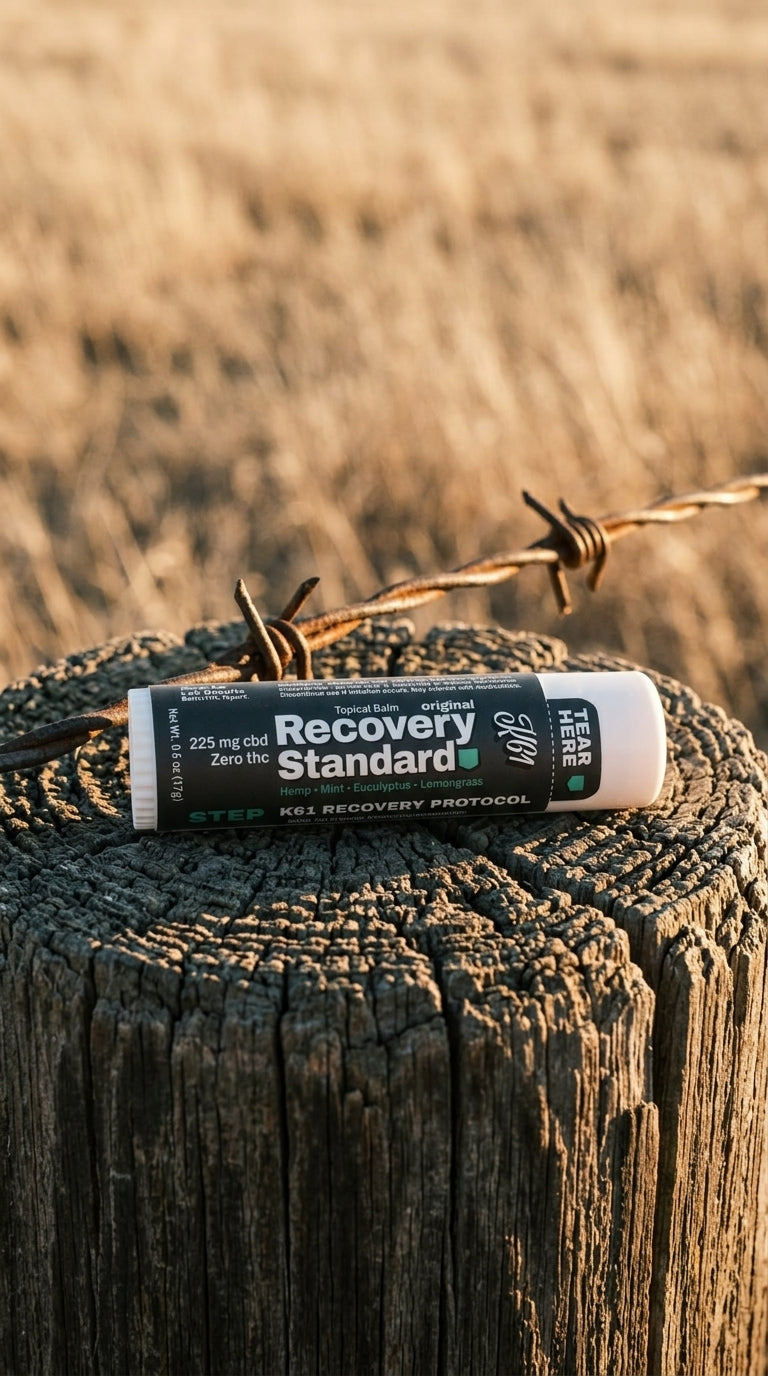 K61 Recovery Standard balm stick on a cedar fence post in Kansas prairie grass