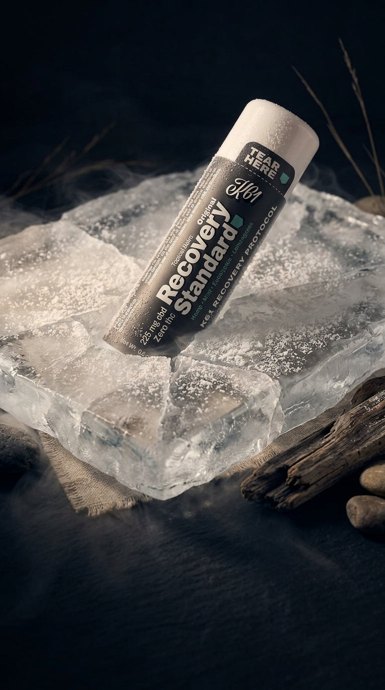 K61 Recovery Standard balm stick on a slab of cracked ice