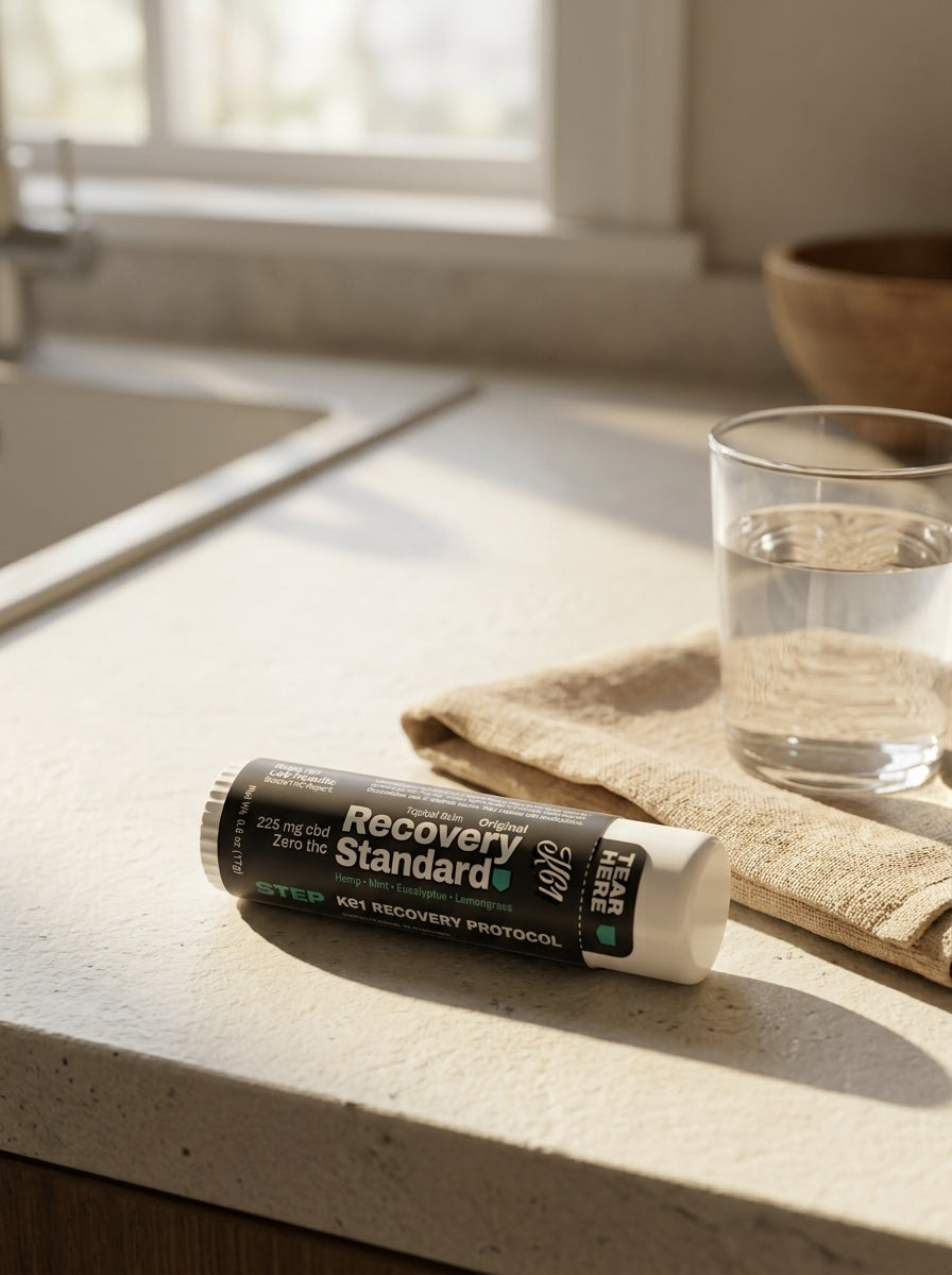 K61 Recovery Standard balm stick on a cream kitchen counter in morning light