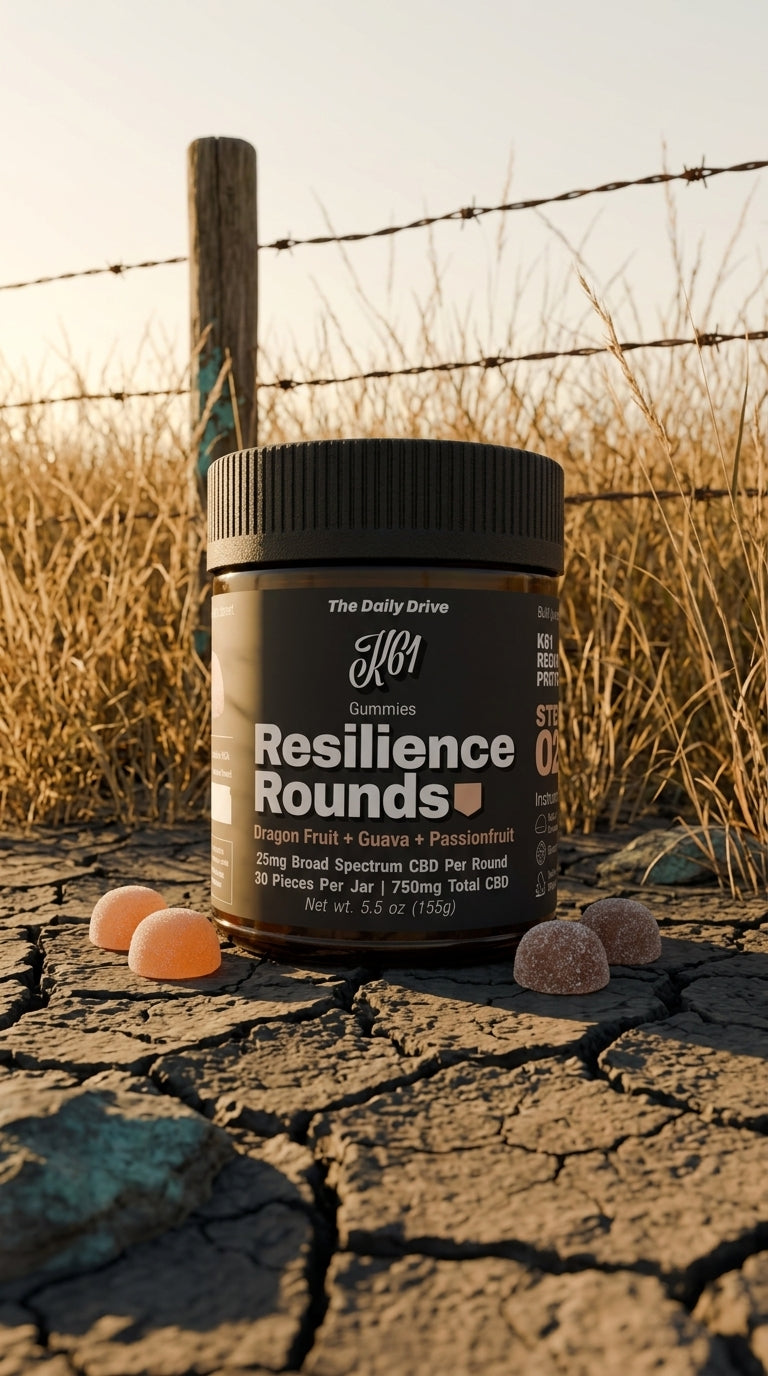 K61 Resilience Rounds gummies jar on cracked Kansas earth at sunset