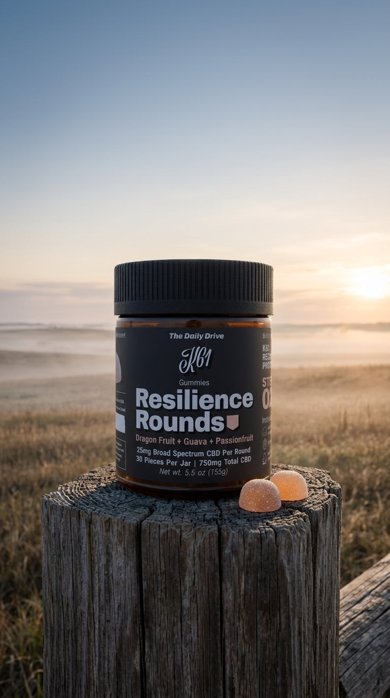 K61 Resilience Rounds gummies jar on a cedar fence post in Kansas prairie grass