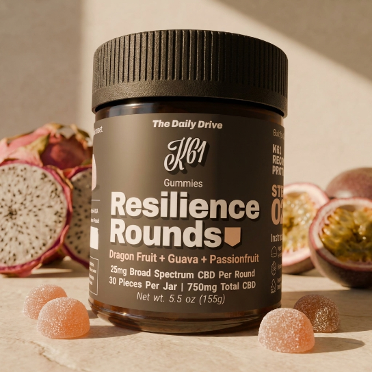 K61 Resilience Rounds broad spectrum CBD gummies with dragon fruit, passionfruit and loose rounds, 25mg per round, 30 per jar