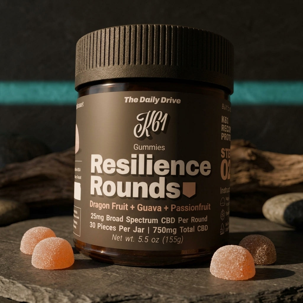 K61 Resilience Rounds broad spectrum CBD gummies jar with loose rounds, 25mg per round